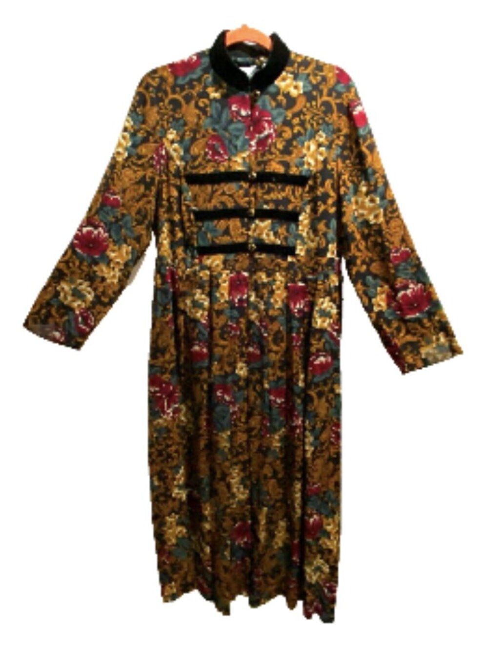 Vintage Sunshine Starshine Asian Mandarin Collar Floral Velvet Midi Dress 8